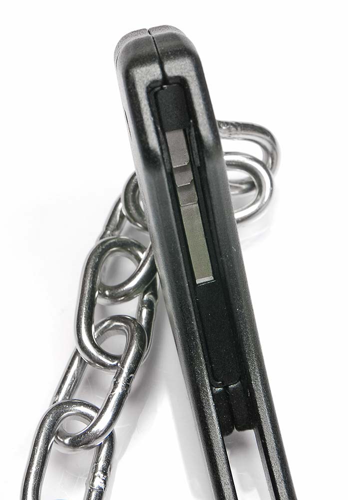 Side view of the ASP legcuff frame with steel chain links