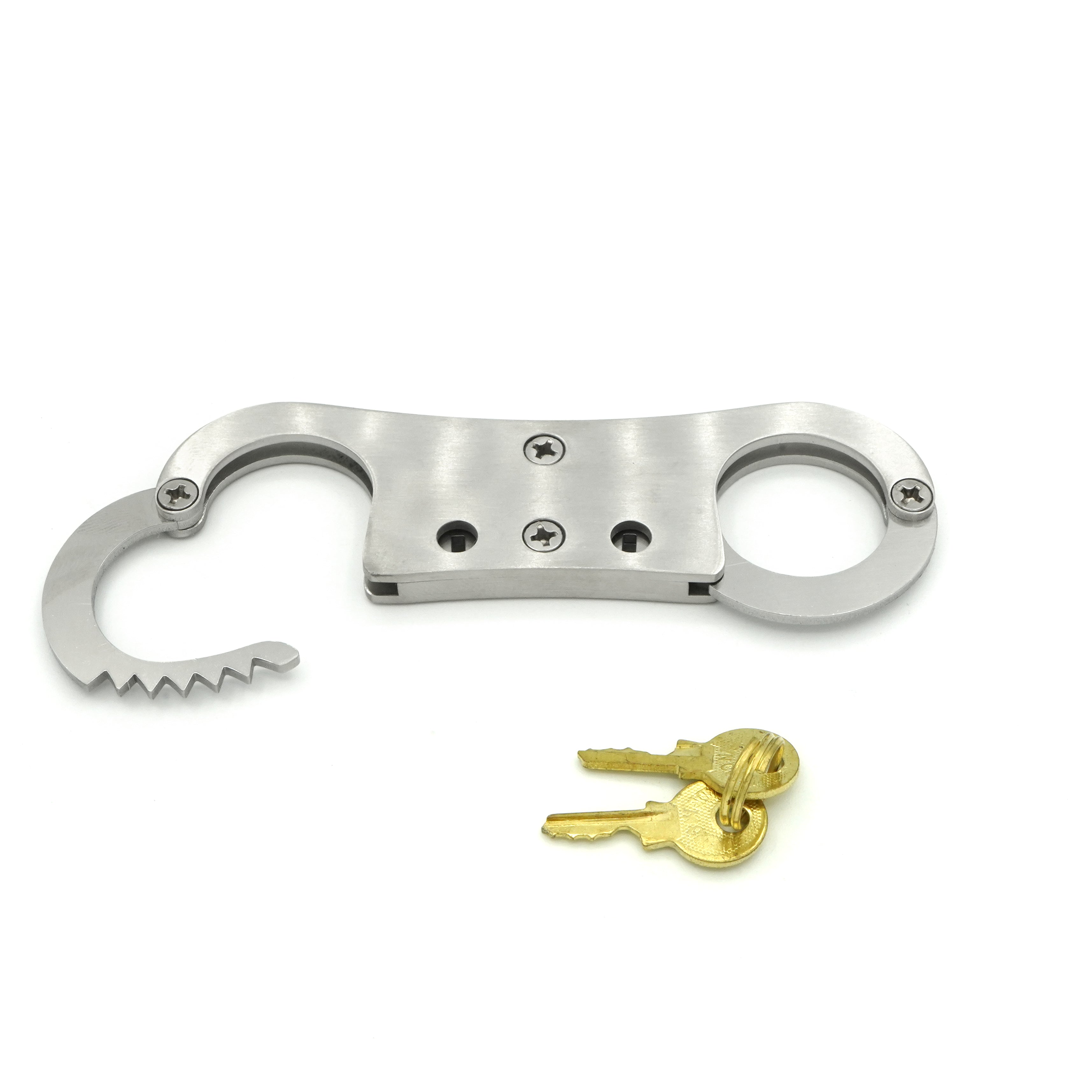 Small steel thumbcuffs, angled product view