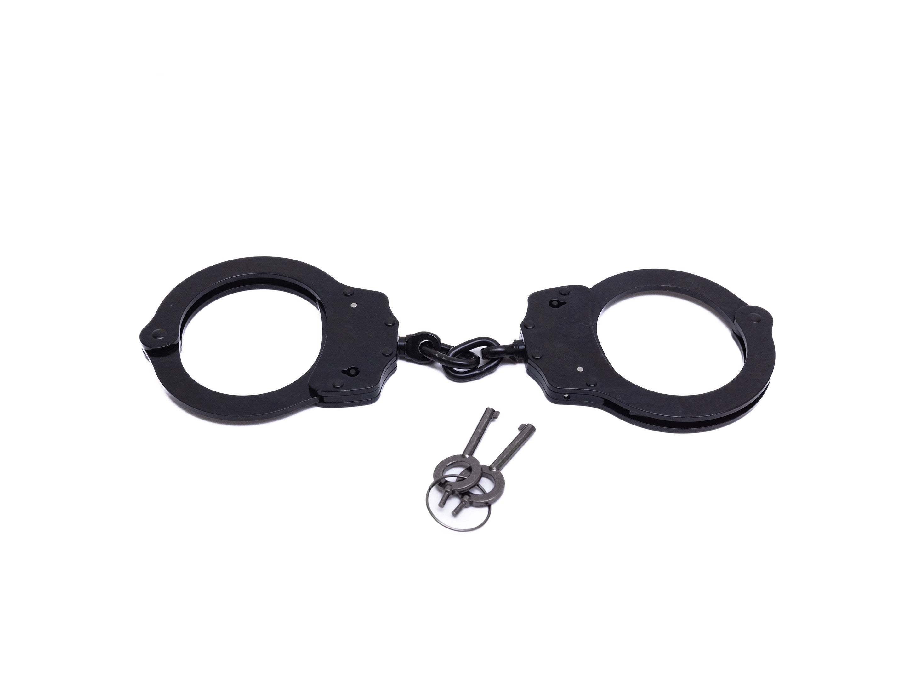 Police Hand Cuffs - black steel, with chain