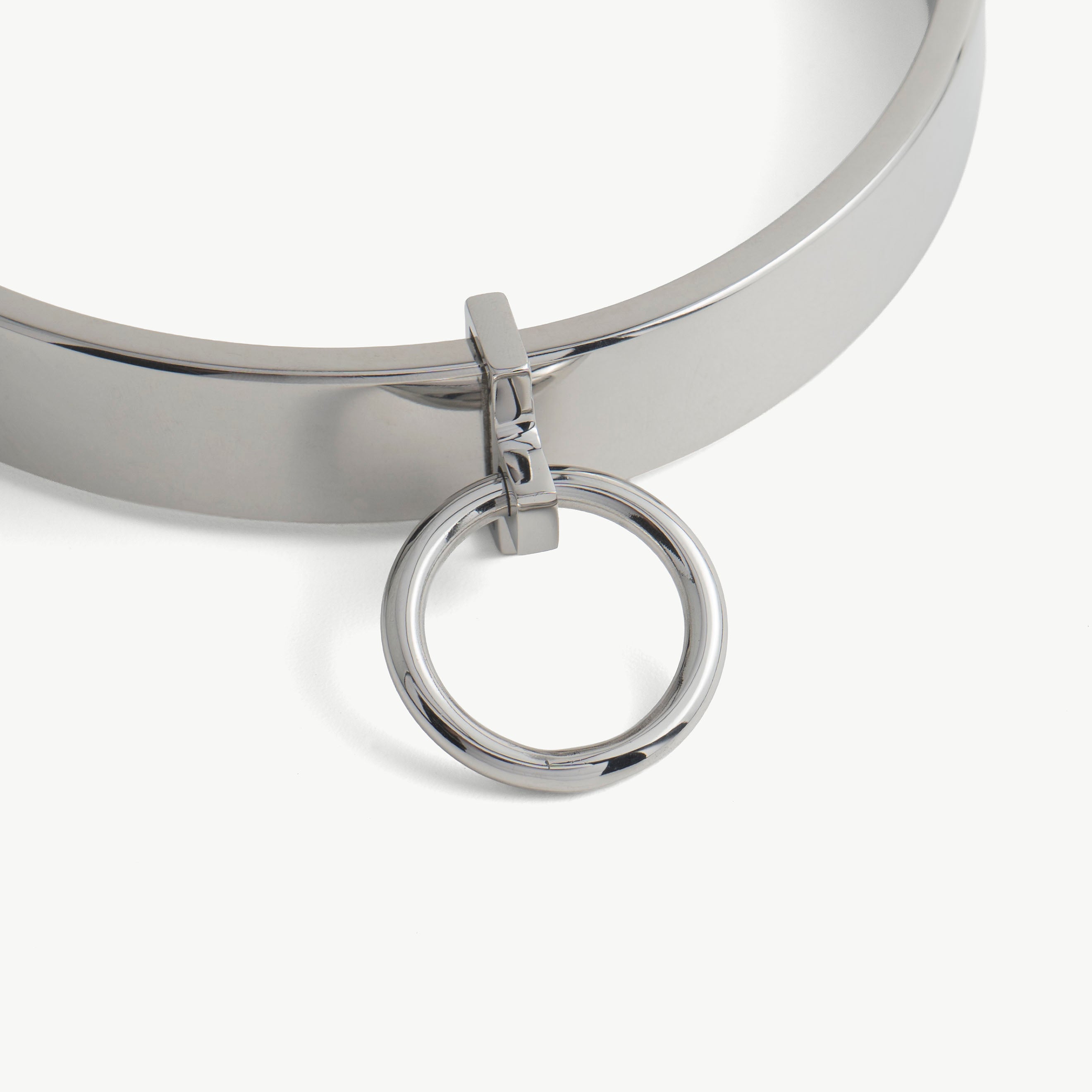 Close-up of the hidden hex lock on the silver deSade flat collar