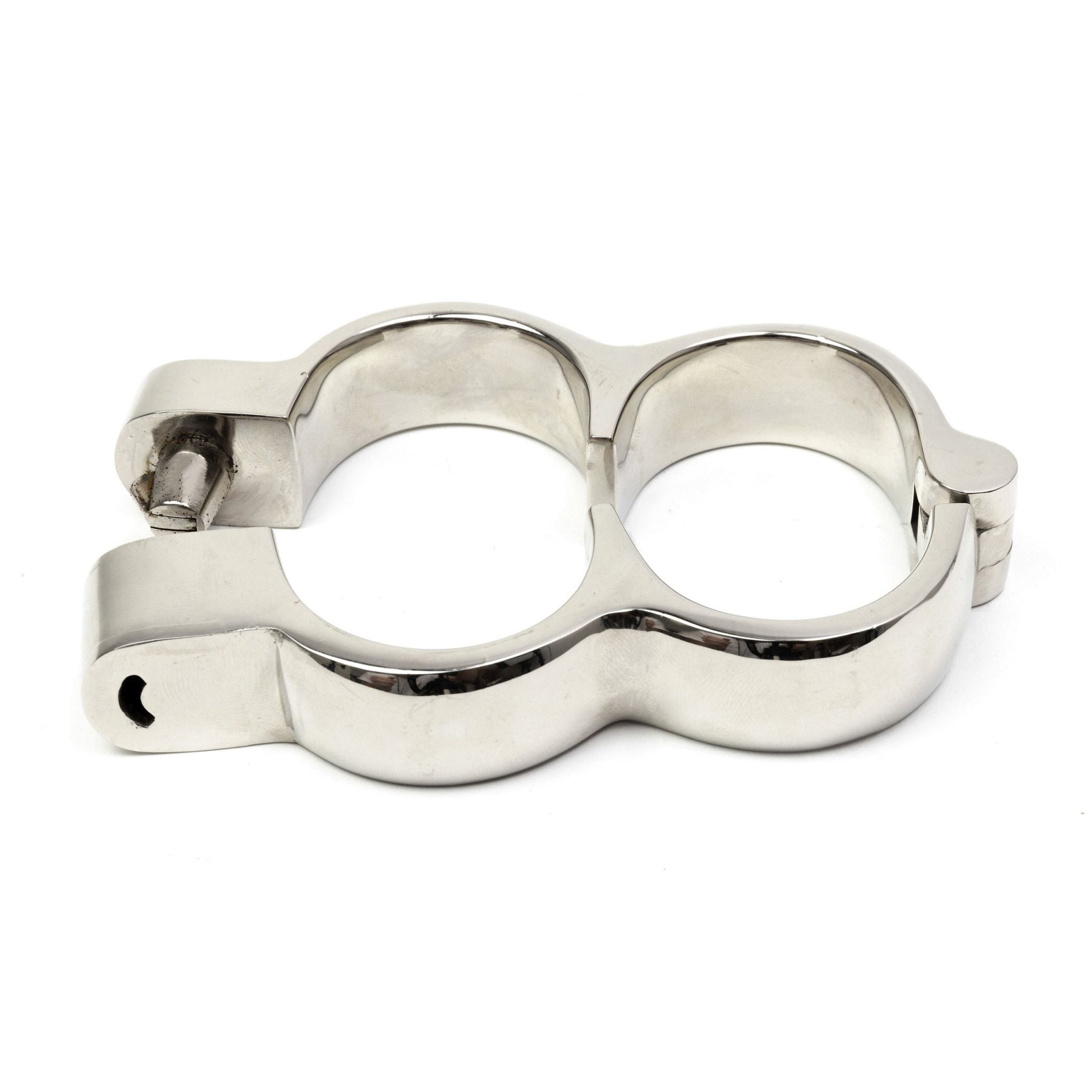 Heavy Irish 8 rigid steel handcuffs, angled view