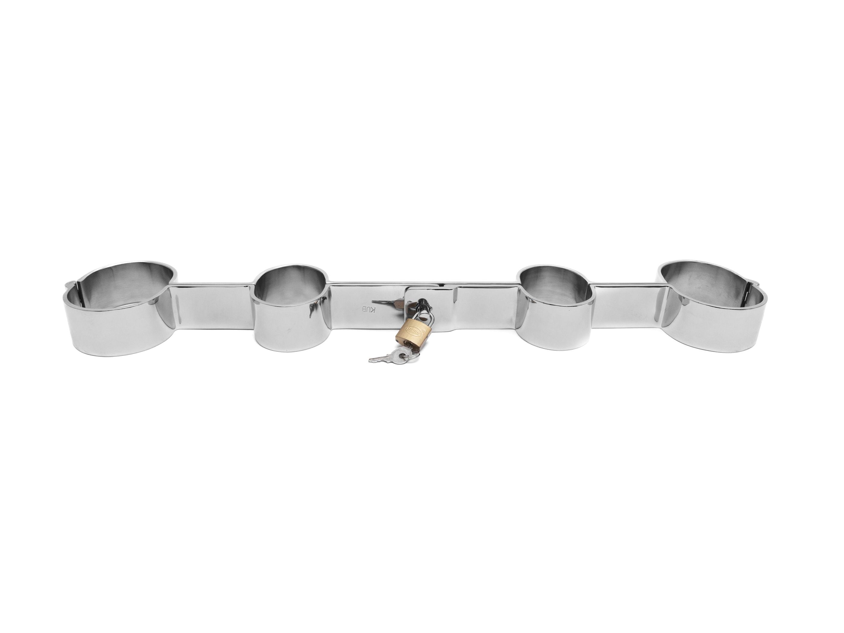 Steel hand and leg pillory bar with padlock, alternate view