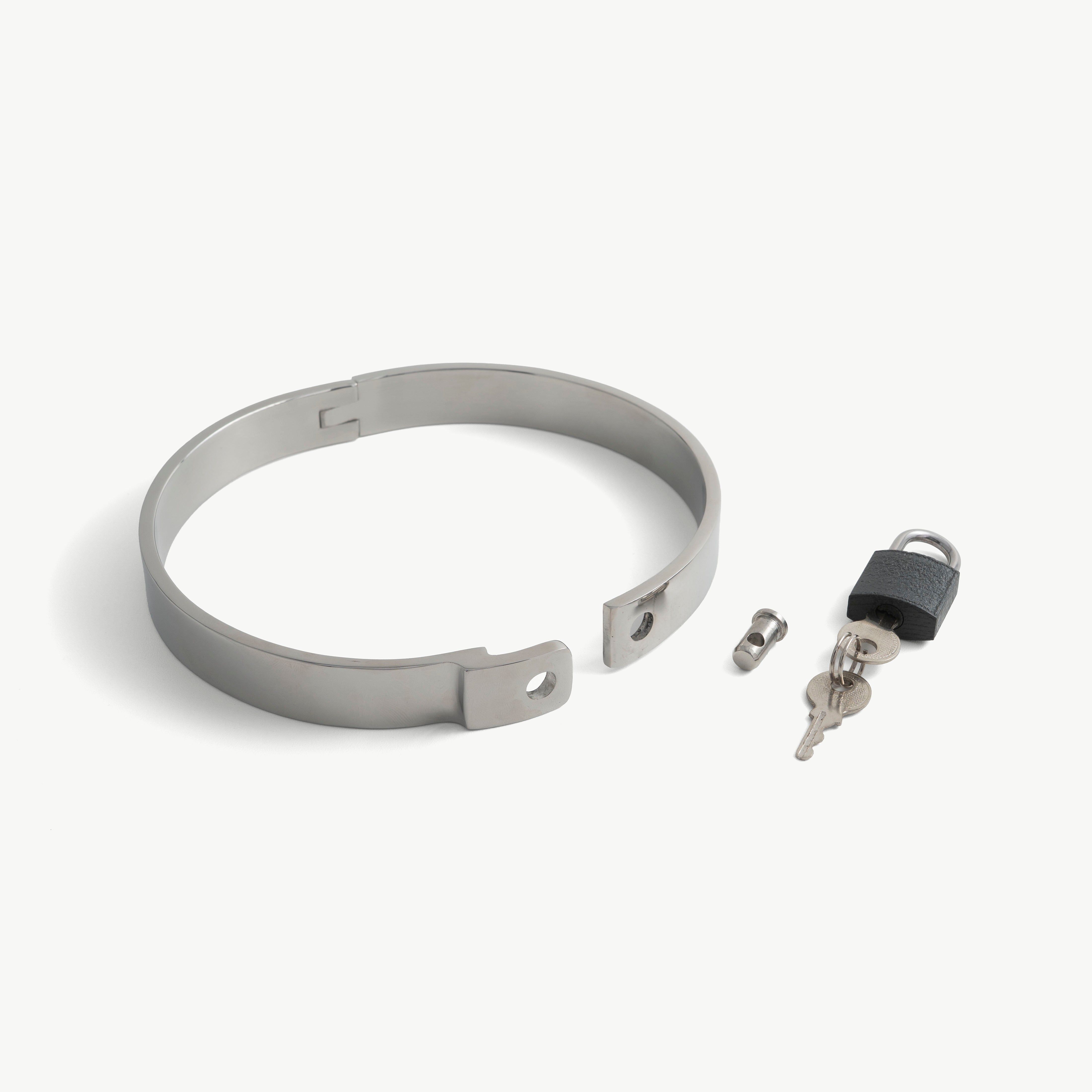 Stainless steel flat collar shown open beside its pin and padlock