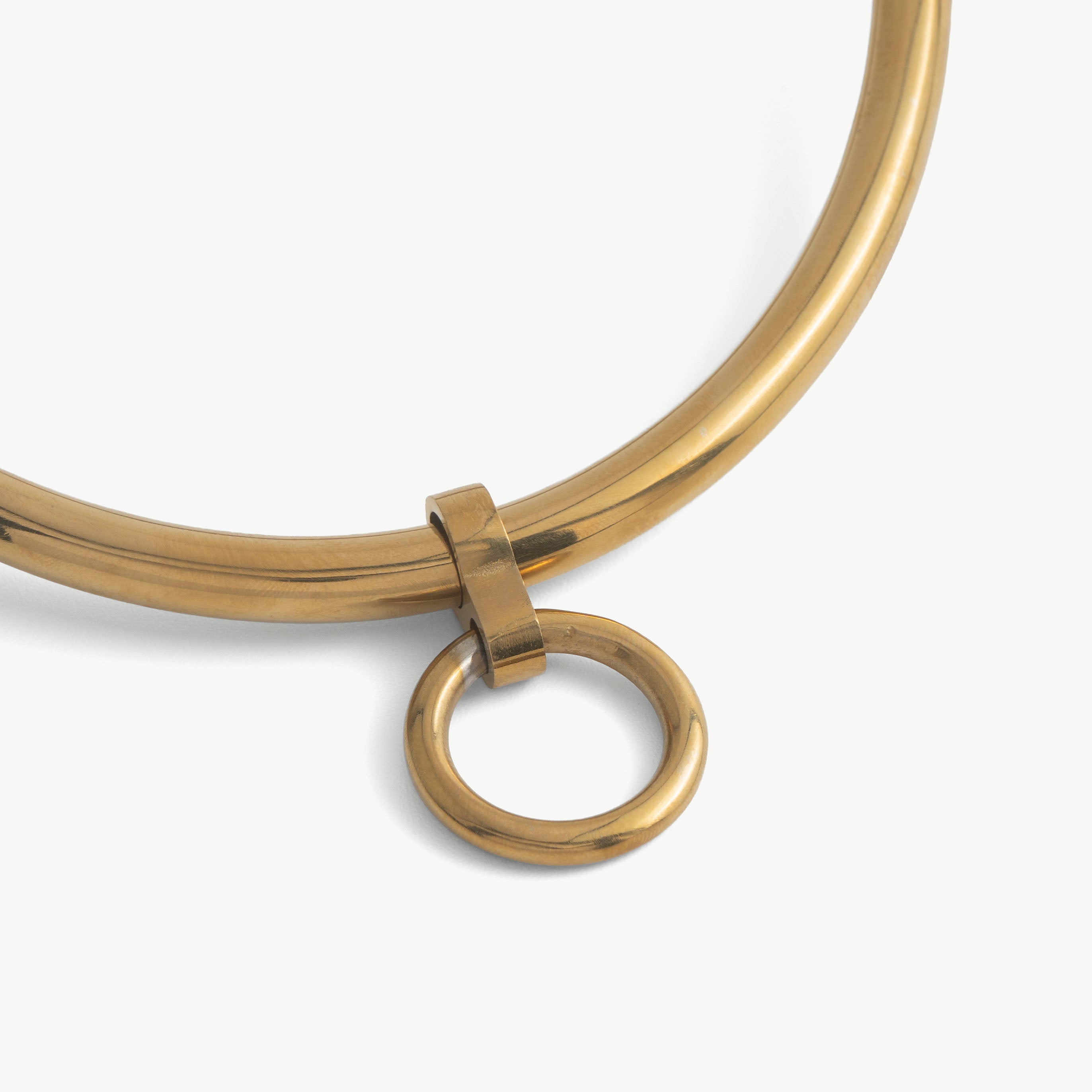 Close-up of the deSade gold day collar's front O-ring and polished band