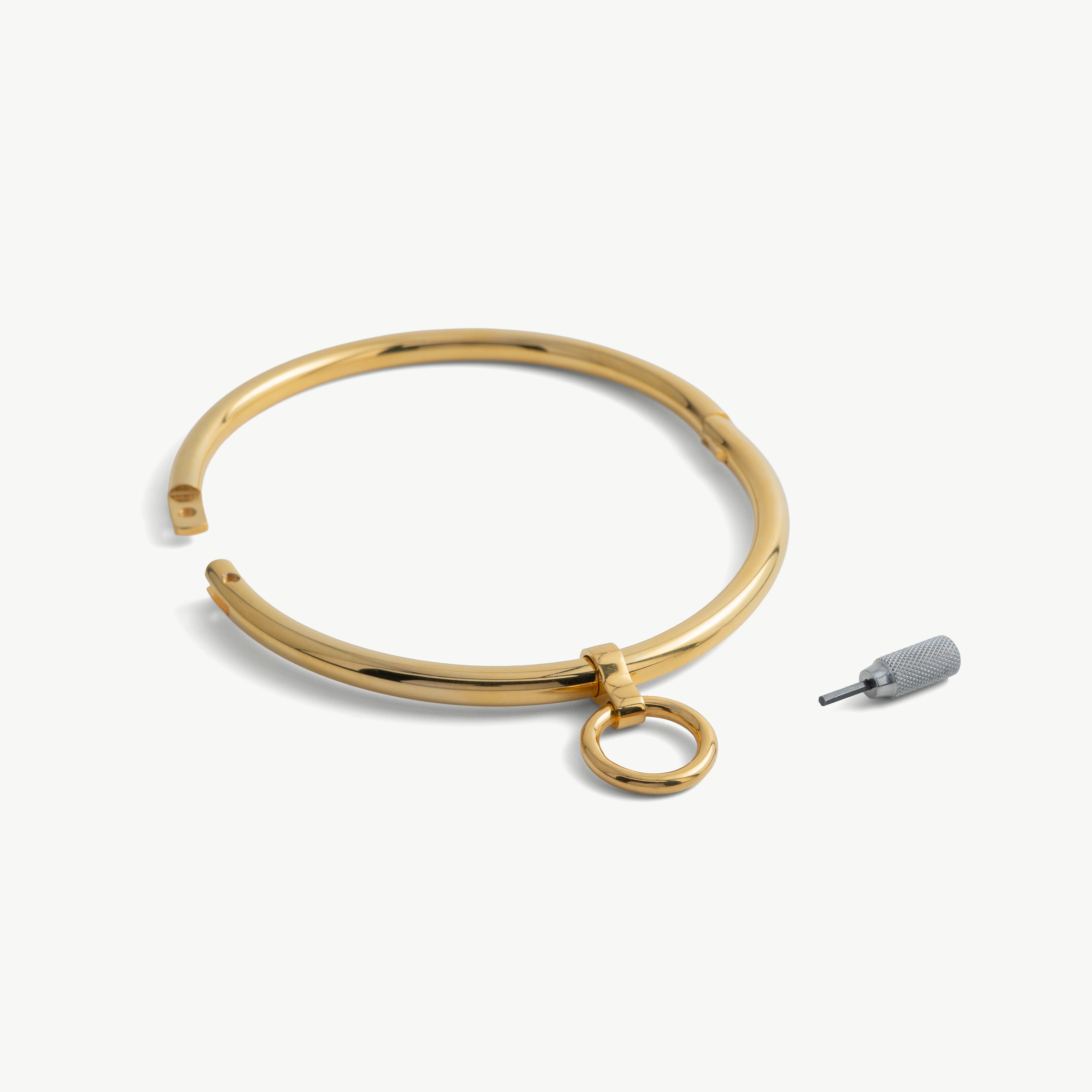 deSade gold round day collar shown open beside its hex key