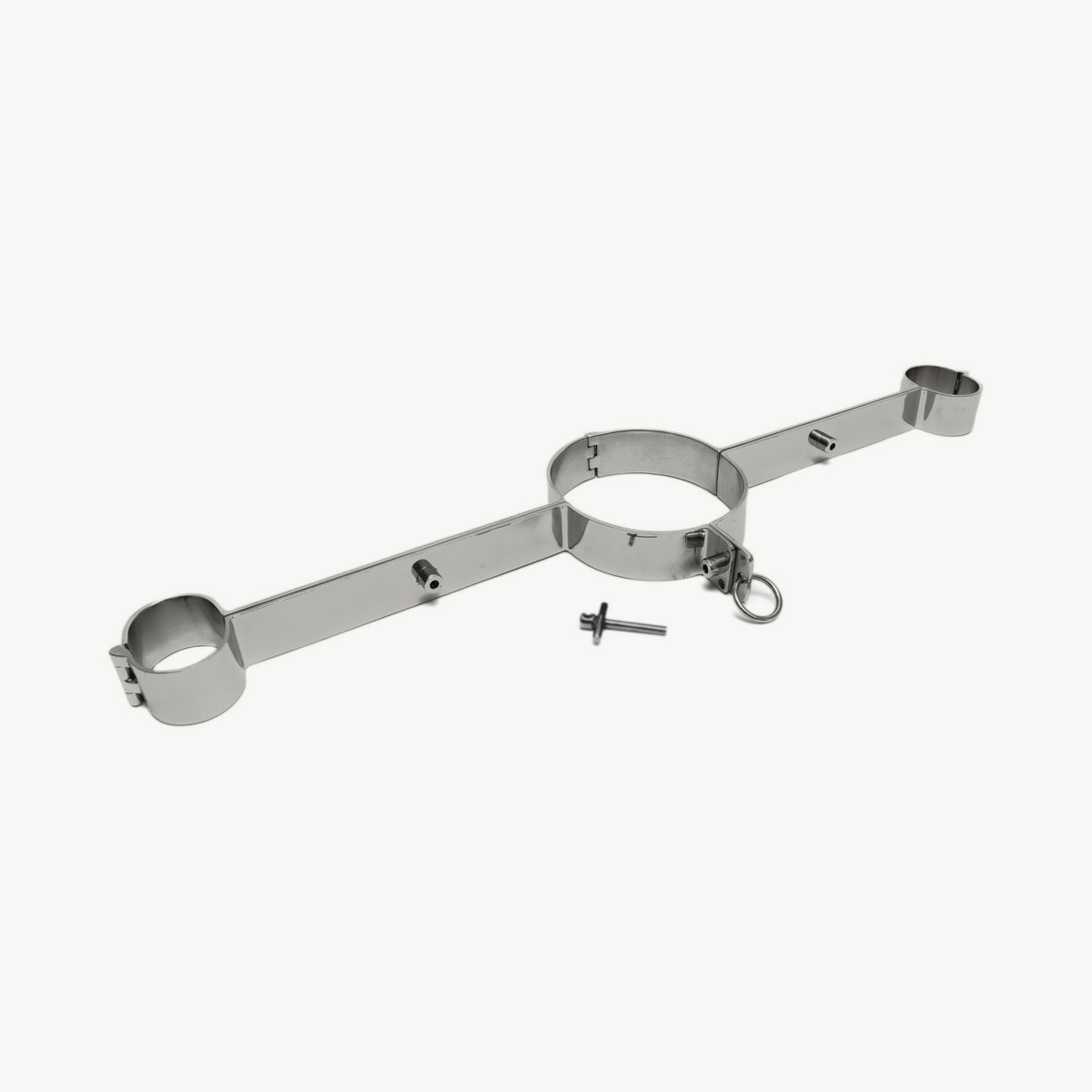 Steel hand and neck pillory with neck ring and wrist cuffs, angled view