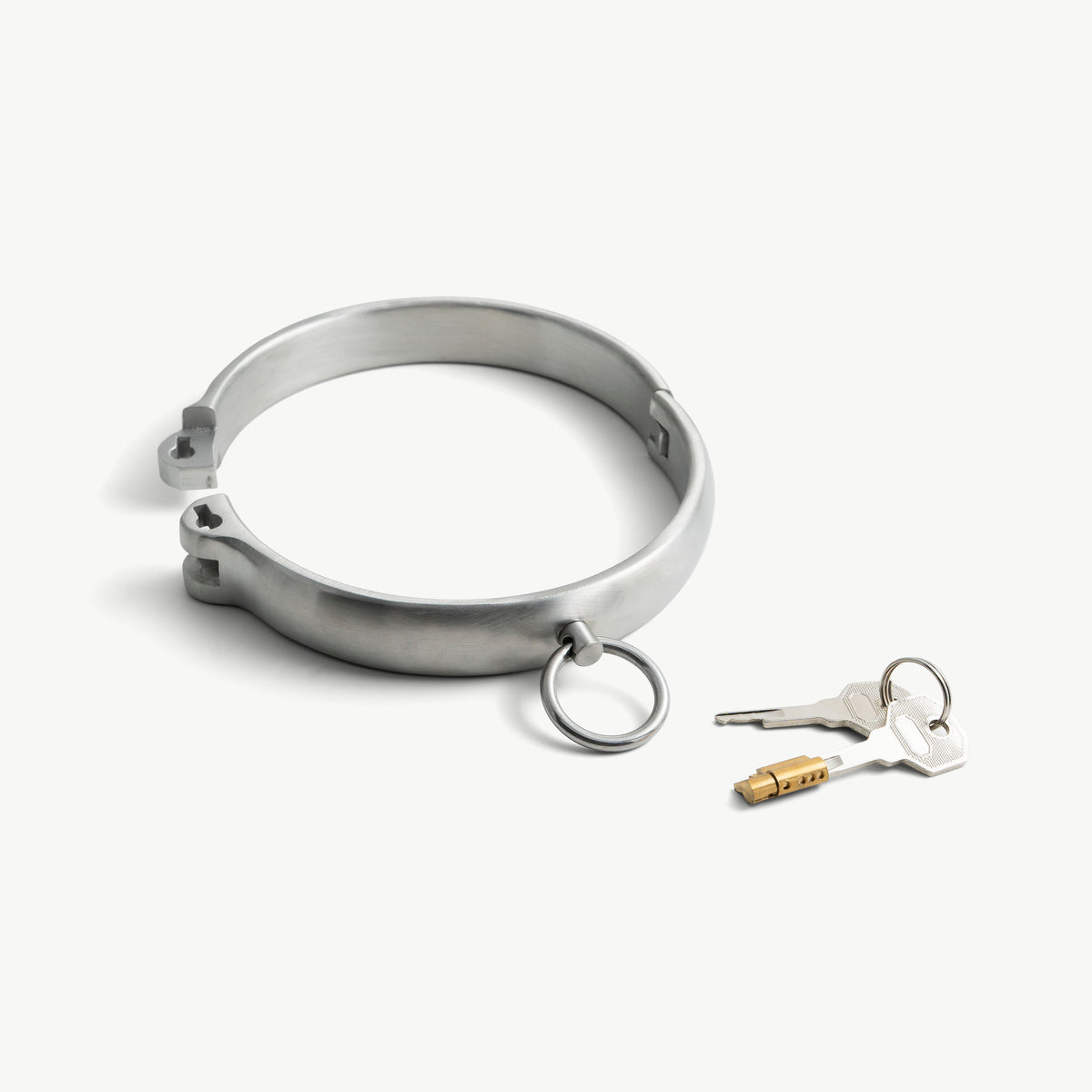 Rounded stainless steel collar shown open with the push-in lock and keys