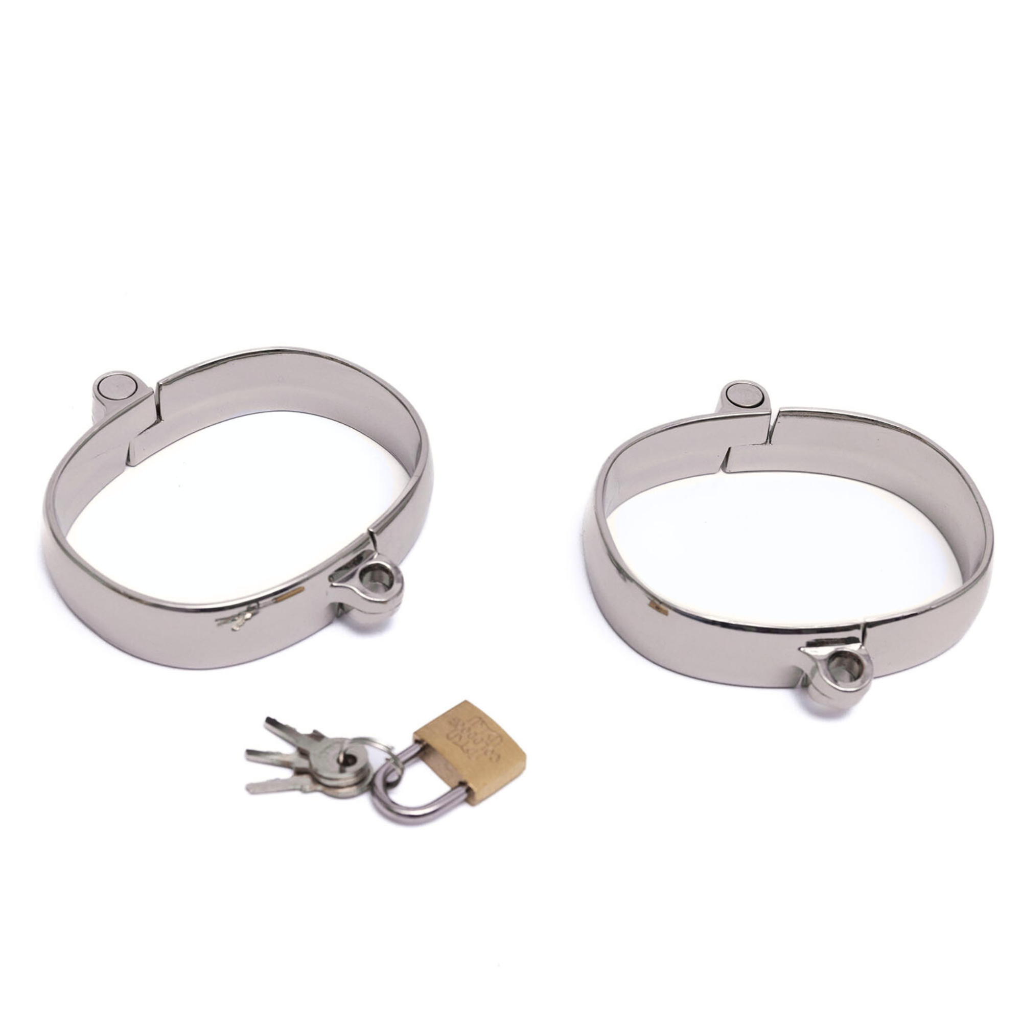Polished steel light leg cuffs with brass padlock from the set