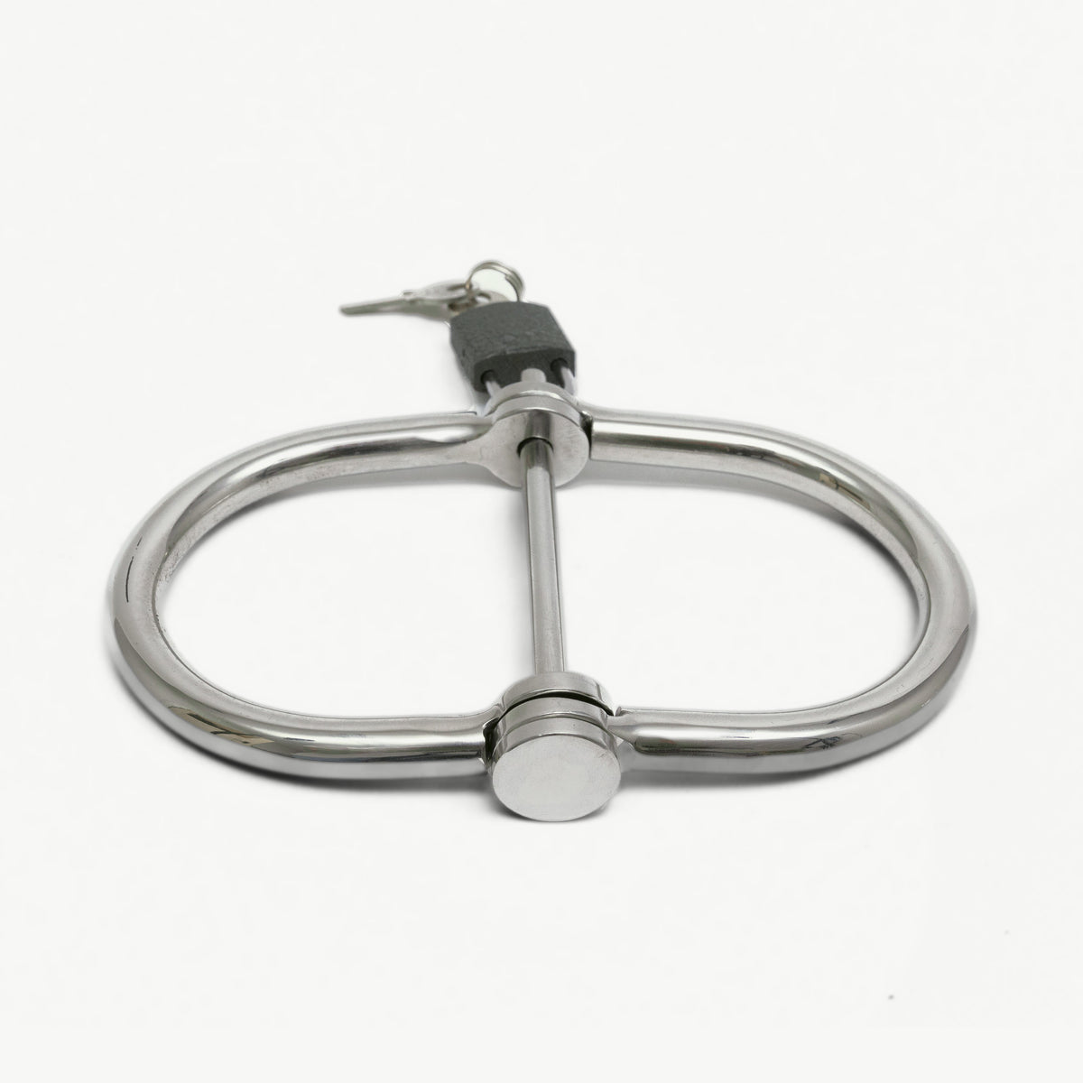 Age of Bondage foldable handcuffs in chrome steel with padlock, front view