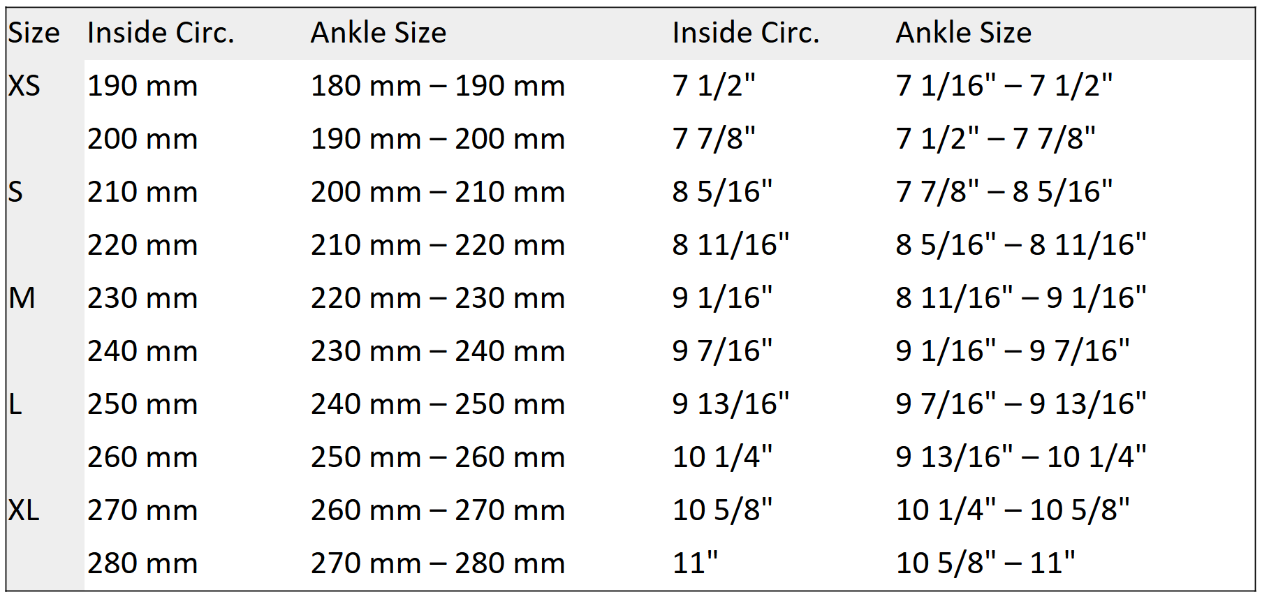deSade ankle band size chart with inside circumference and ankle size in mm and inches