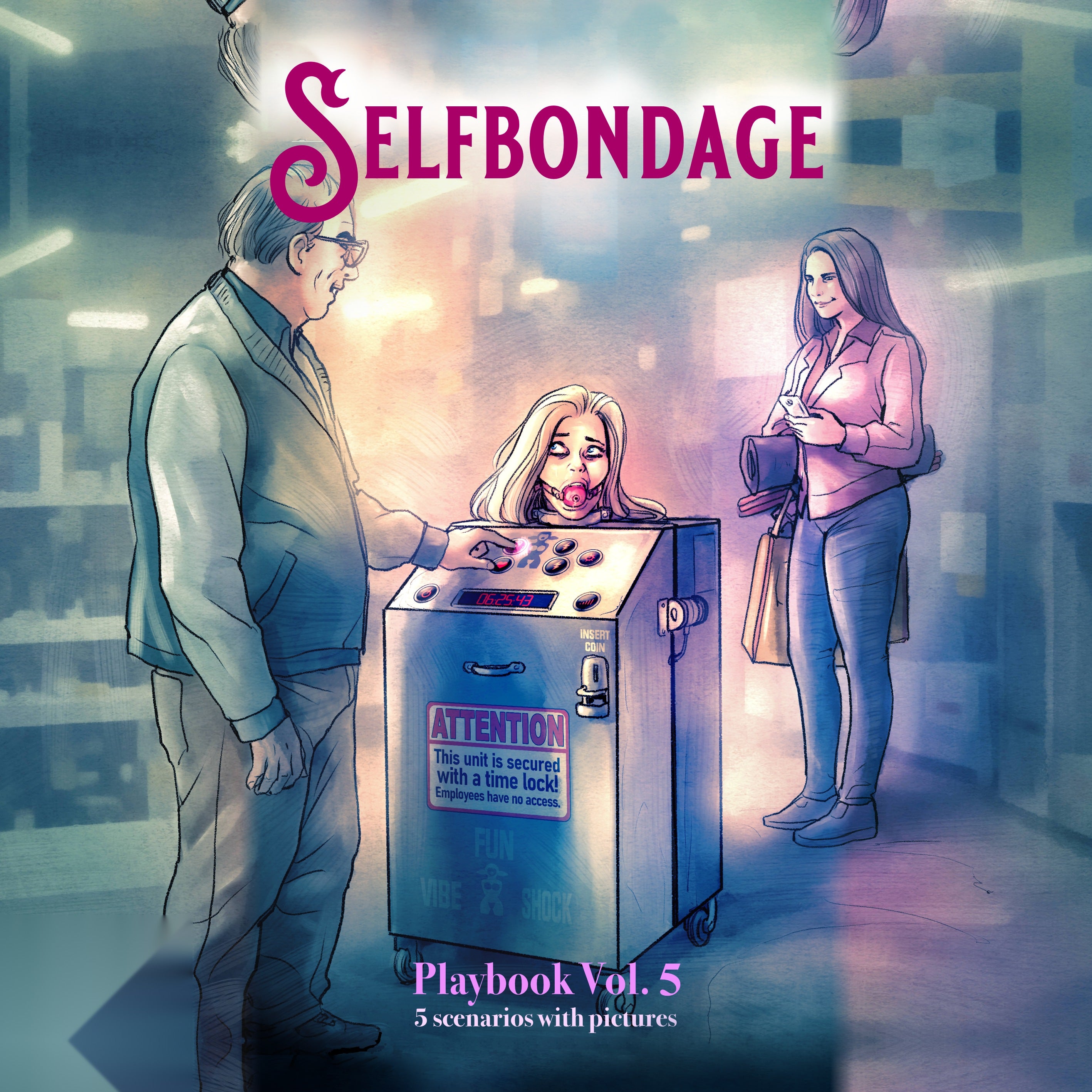 Age of Bondage Selfbondage Playbook Vol. 5 cover, illustration of a woman gagged in a coin-operated time-lock machine in a store