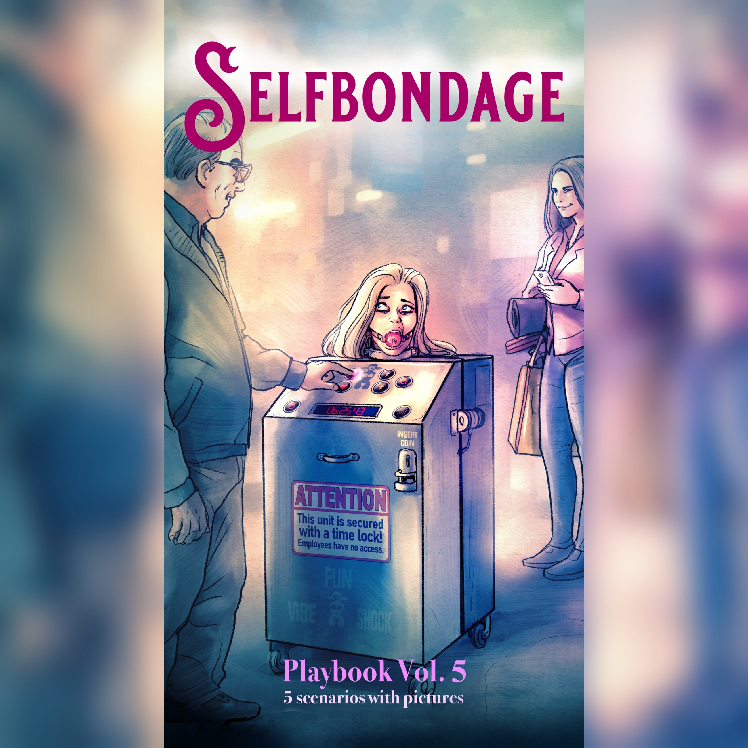 Age of Bondage Selfbondage Playbook Vol. 5 cover with title, illustration of a woman gagged in a coin-operated time-lock machine in a store