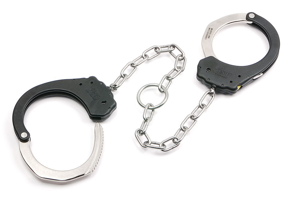 ASP legcuffs in black and steel, joined by a chain with centre ring