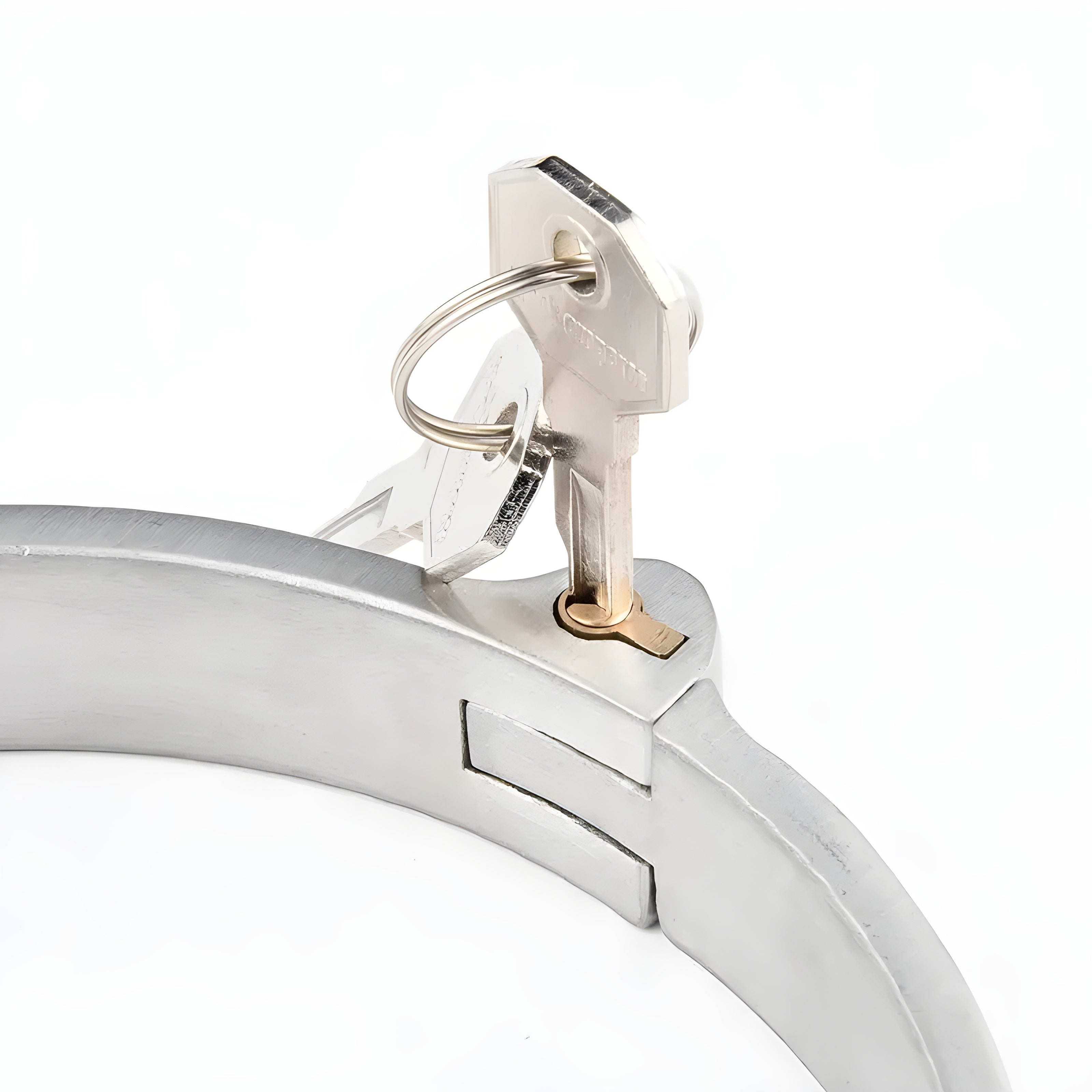 Close-up of a stainless steel push-in lock with two keys inserted