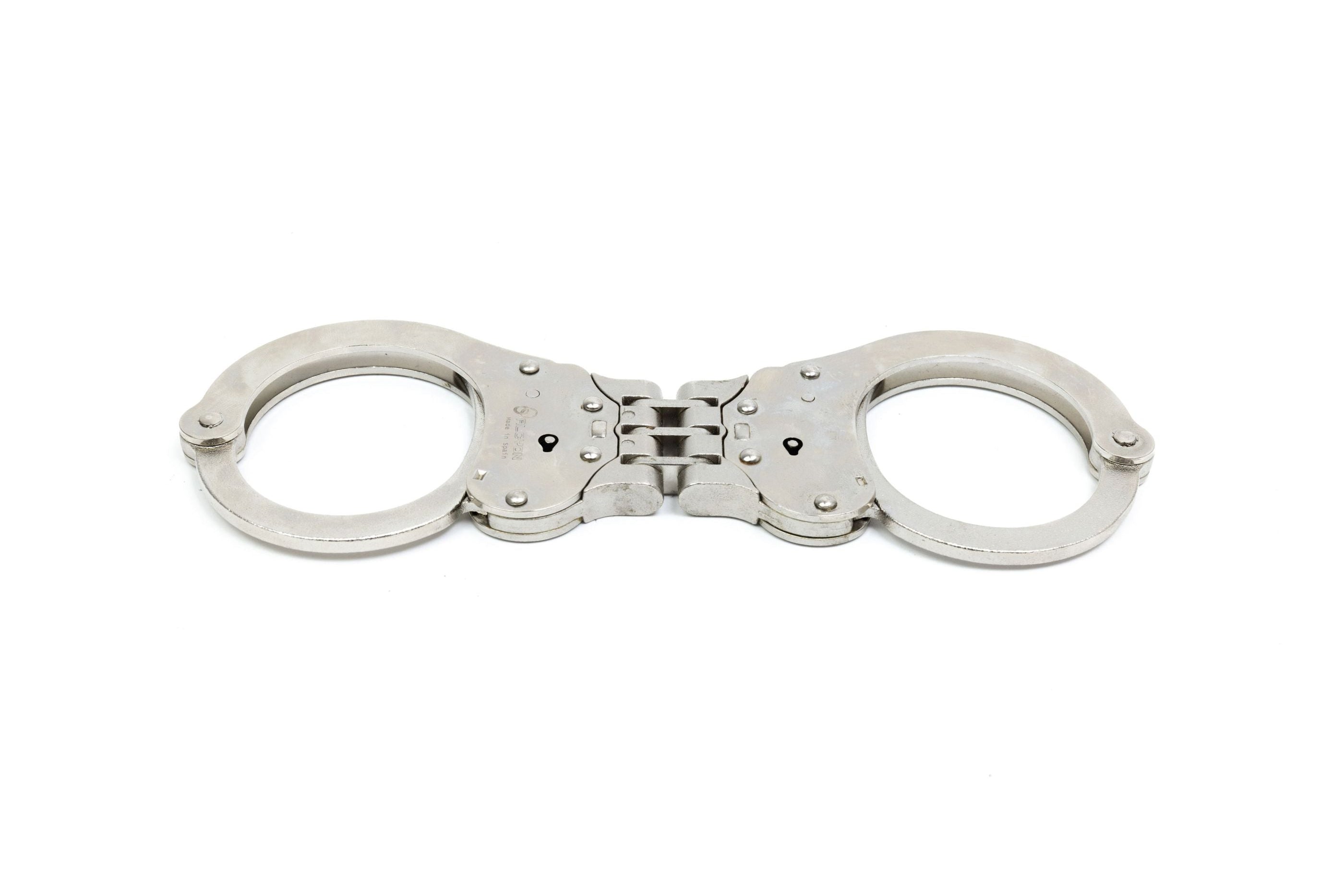 Silver ALCYON 5005 hinged handcuffs, angled view