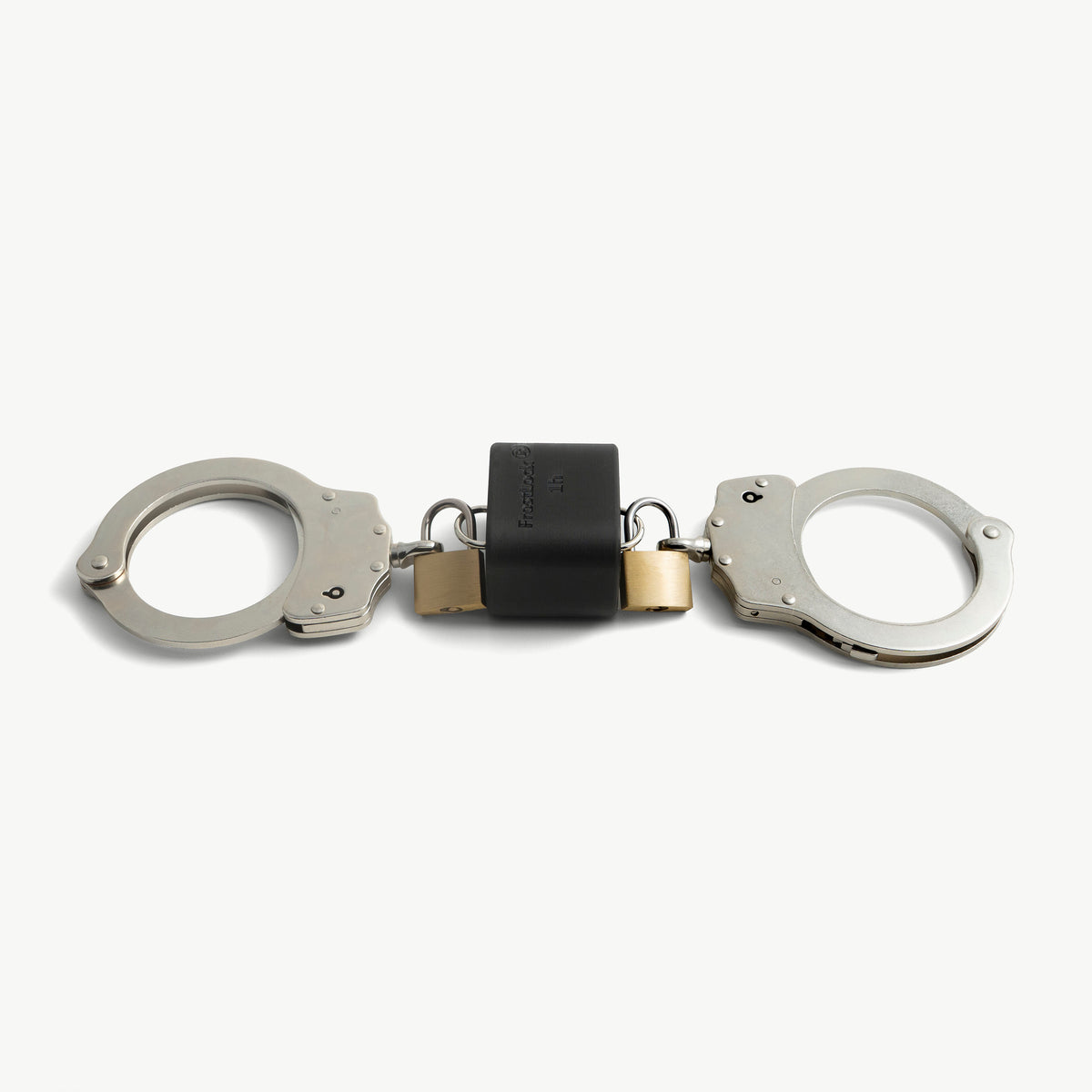 Self-Bondage Starter Set with FrostLock ice lock between two handcuffs, front view