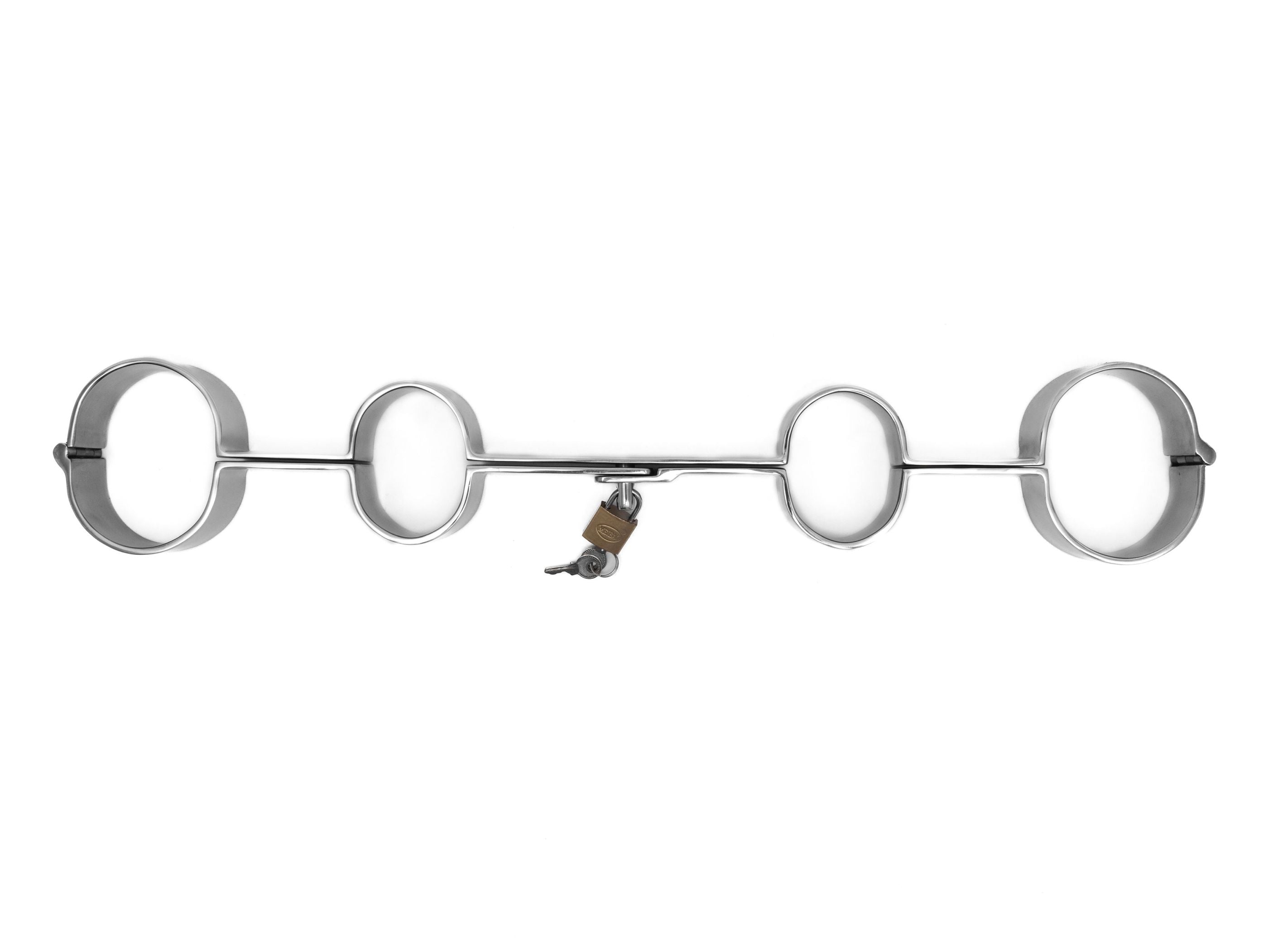 Steel hand and leg pillory bar with wrist and ankle cuffs, angled view
