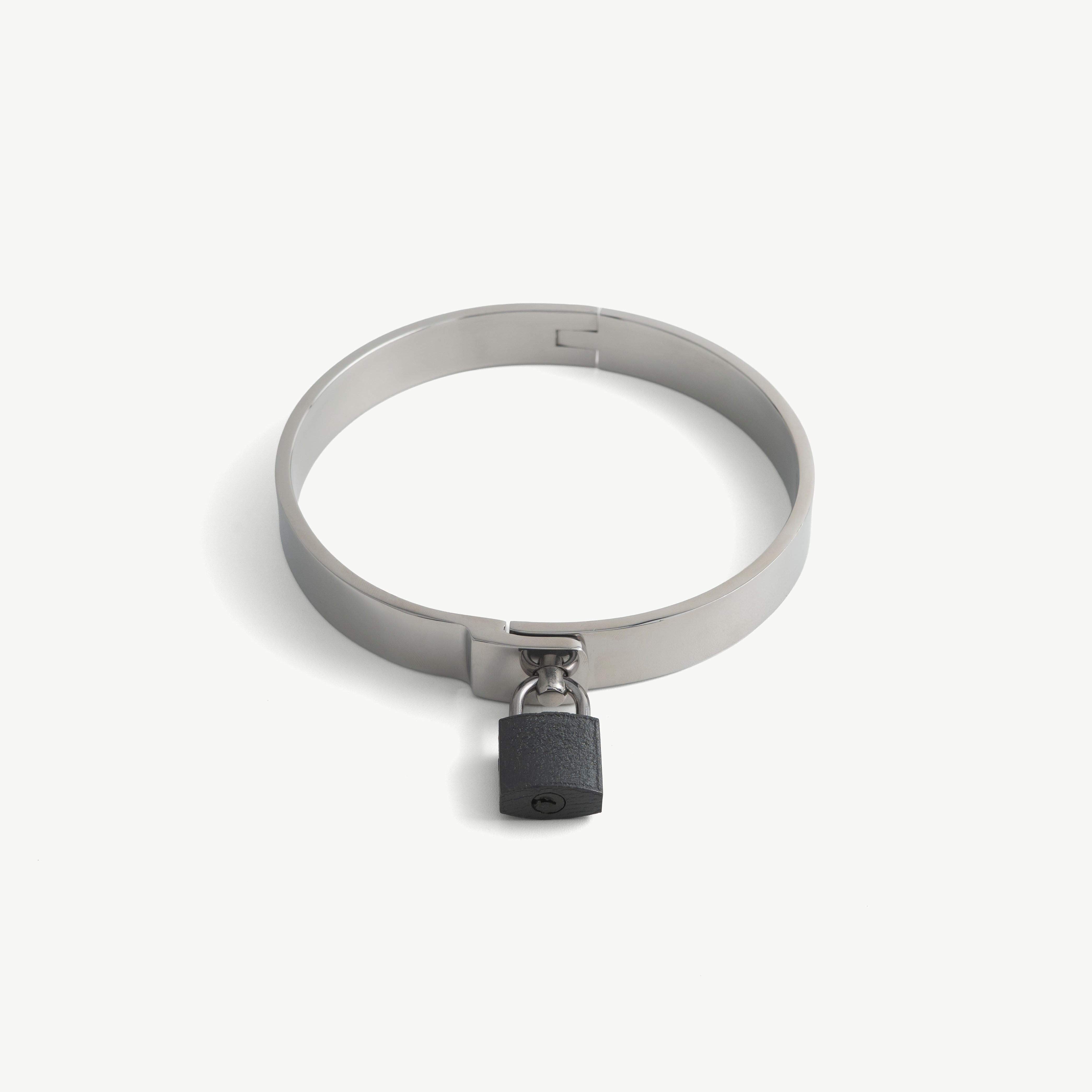 Stainless steel flat collar seen from the front with the padlock