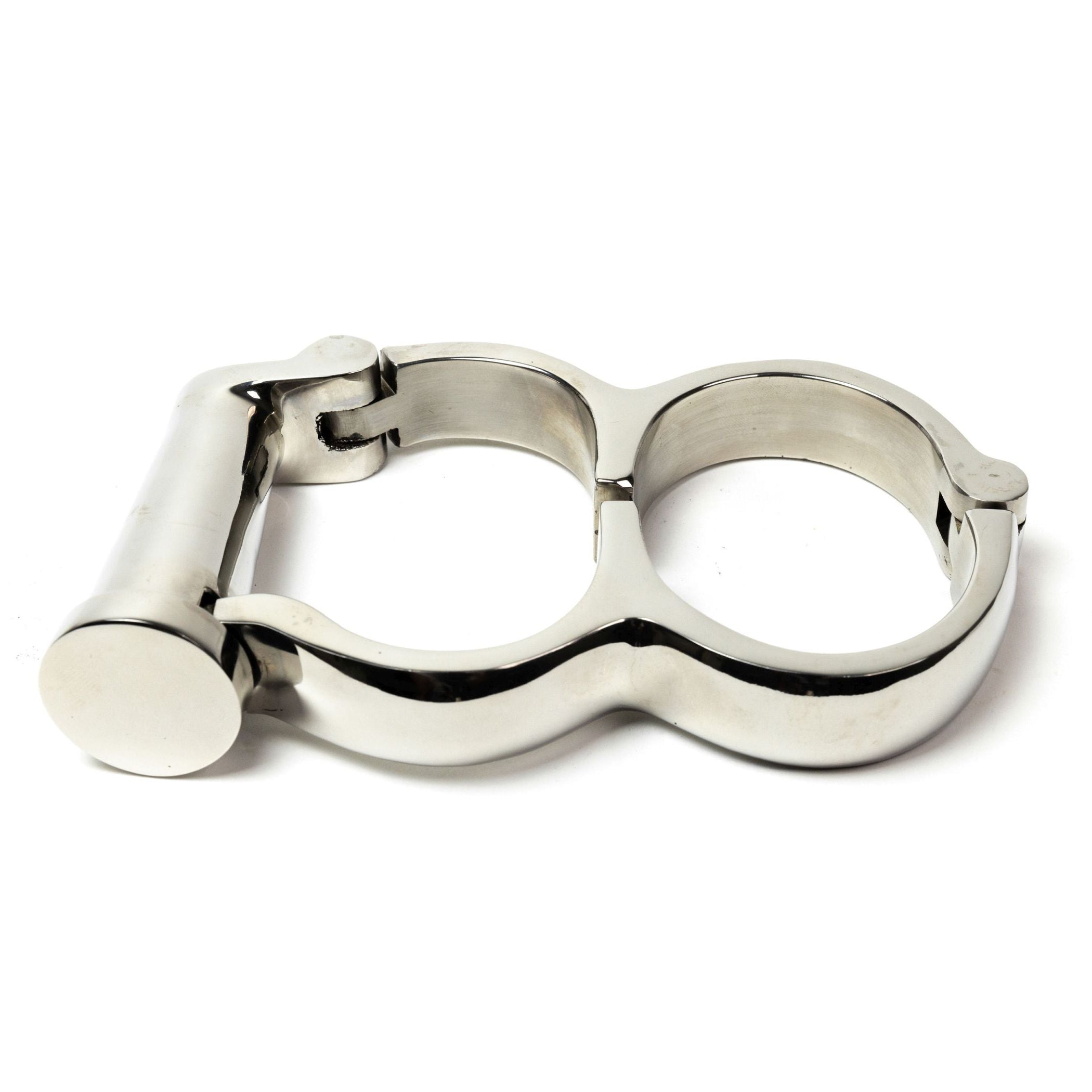 Massive Darby-style steel legcuffs, angled view