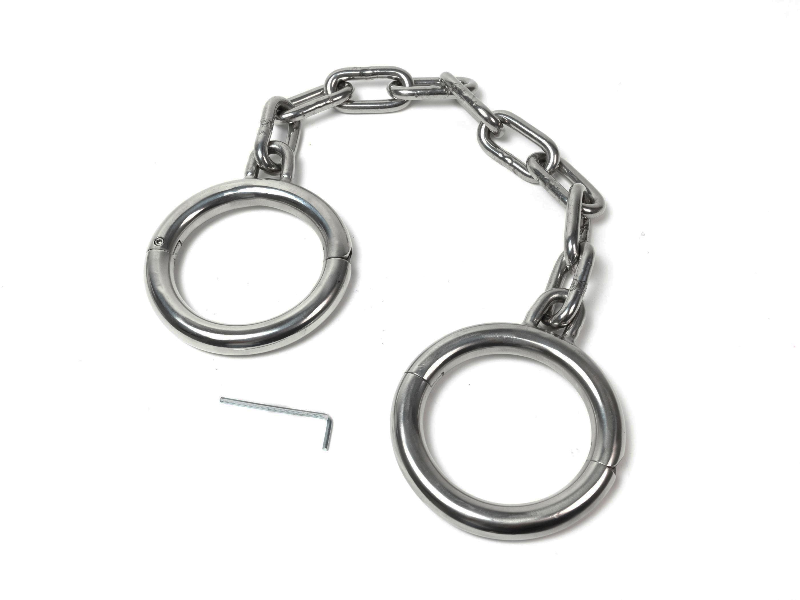 Super heavy steel legcuffs with chain, angled view