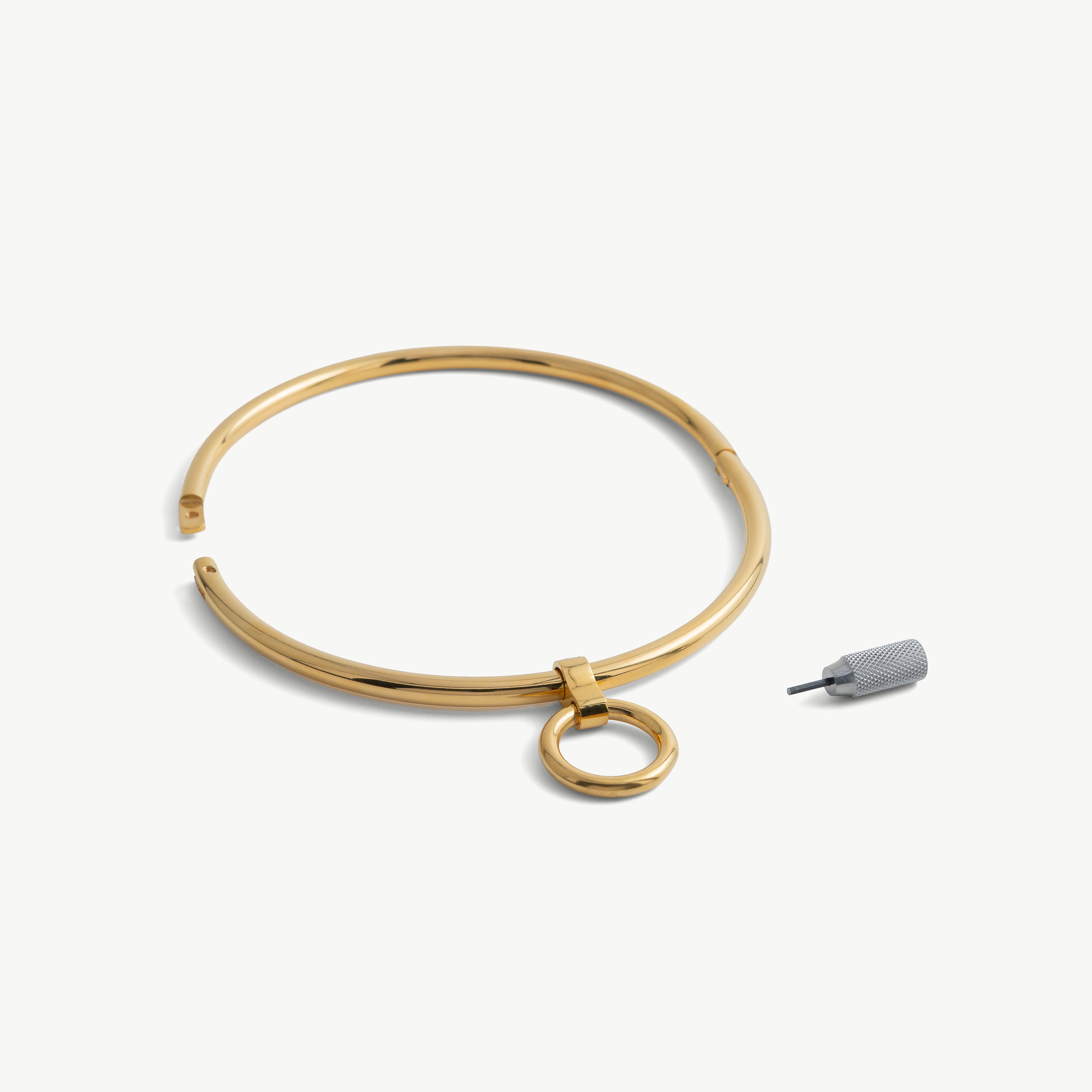 deSade gold round day collar shown open beside its hex key