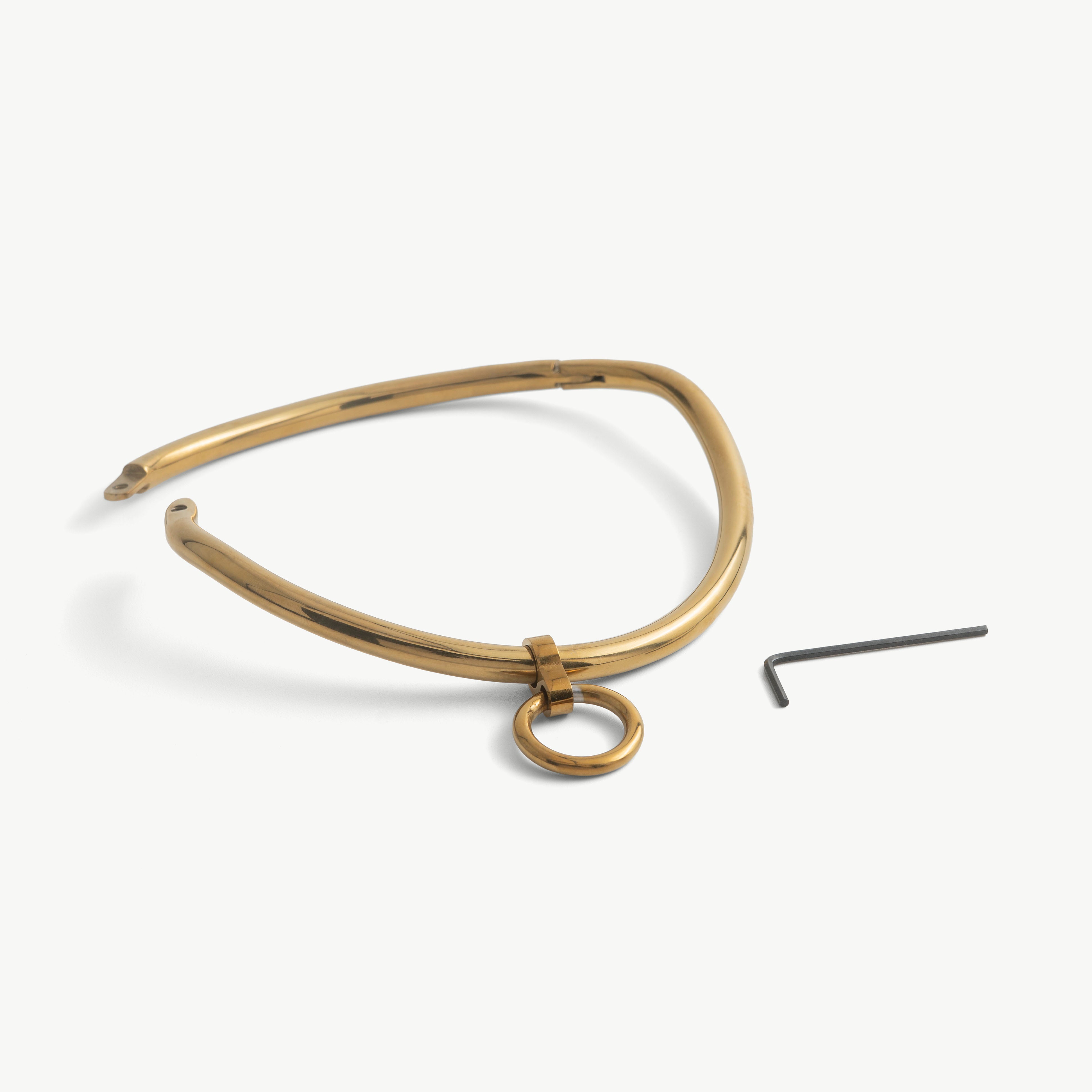 deSade gold day collar shown open beside its hex key, with a front O-ring