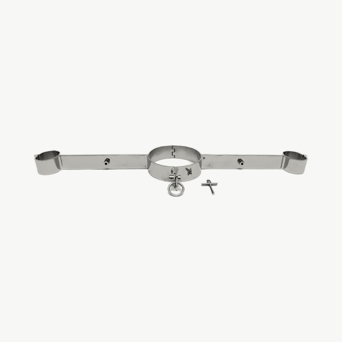 Steel hand and neck pillory shown with O-ring and locking pin, everything included