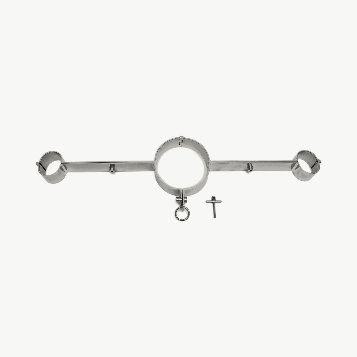 Age of Bondage steel hand and neck pillory with neck ring, wrist cuffs, O-ring and locking pin, front view