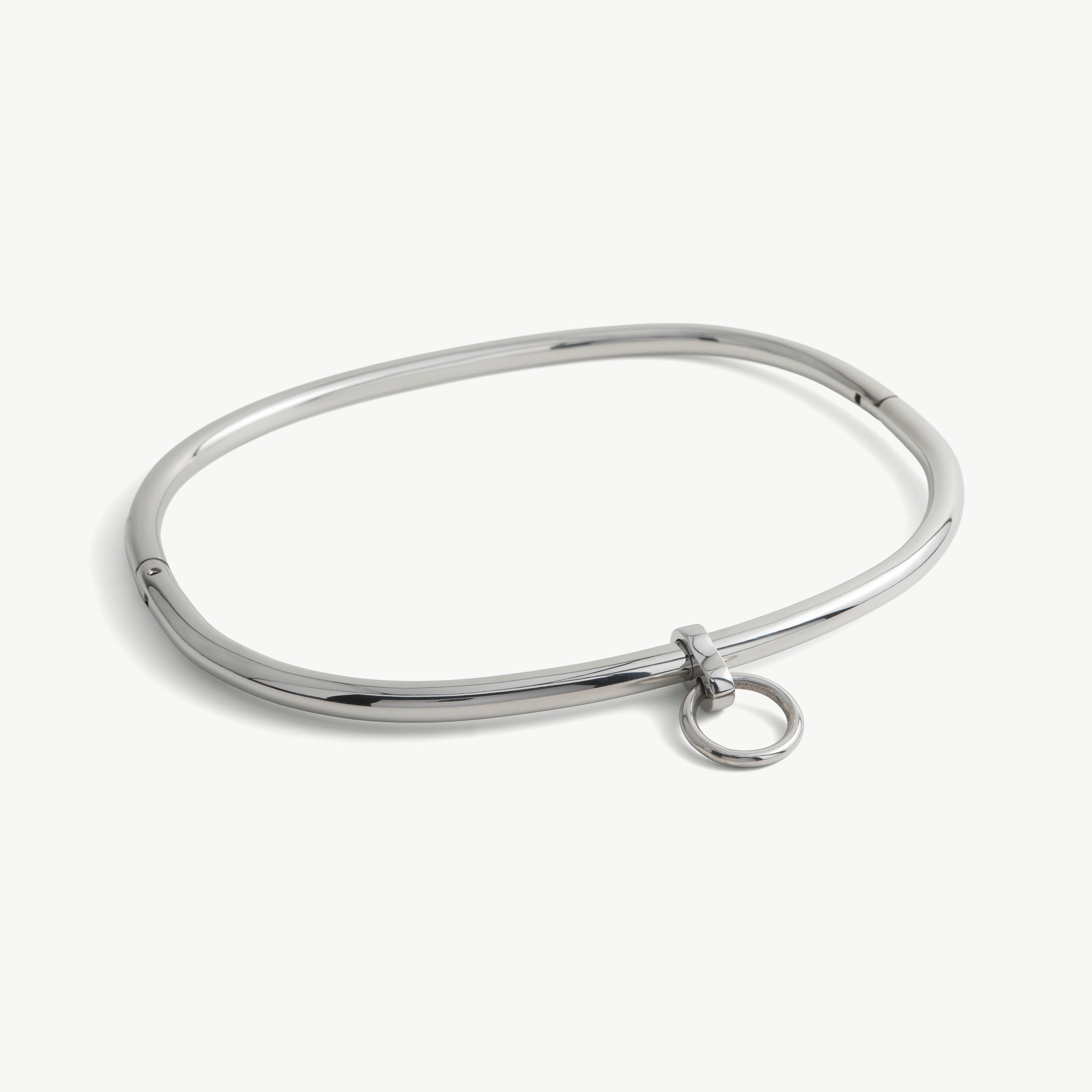 Age of Bondage steel waist restraint, a lockable belt ring with a front O-ring