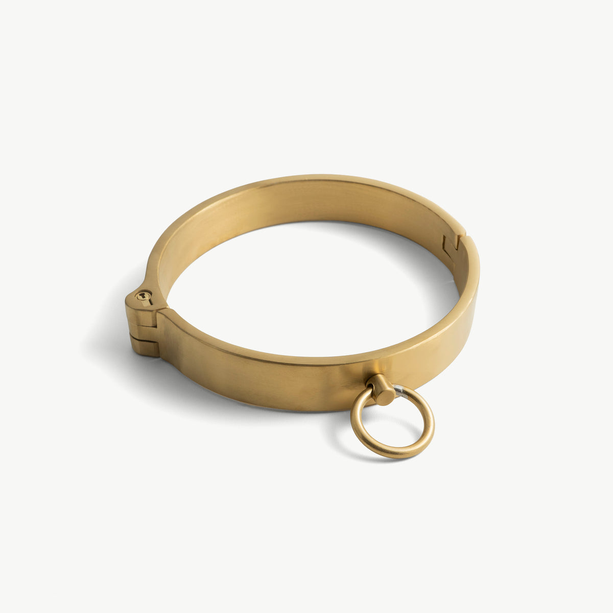 Age of Bondage gold flat collar in brushed stainless steel with push-in lock and front O-ring, angled view