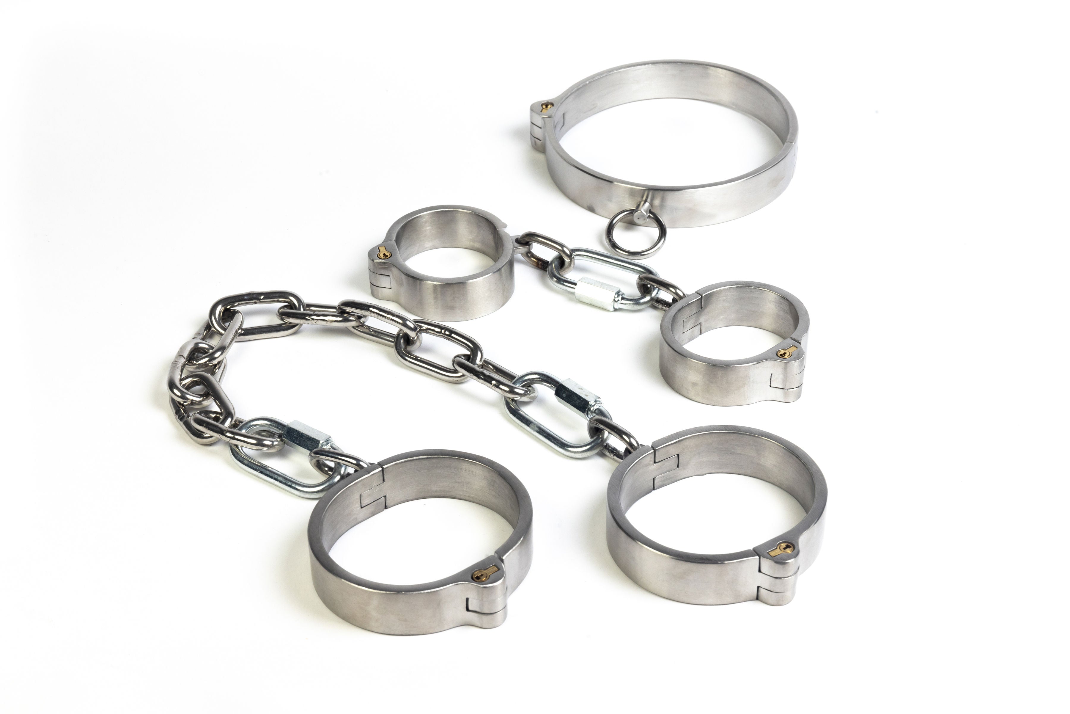 Full stainless steel push-in lock restraint set of collar, wrist and ankle cuffs with chain