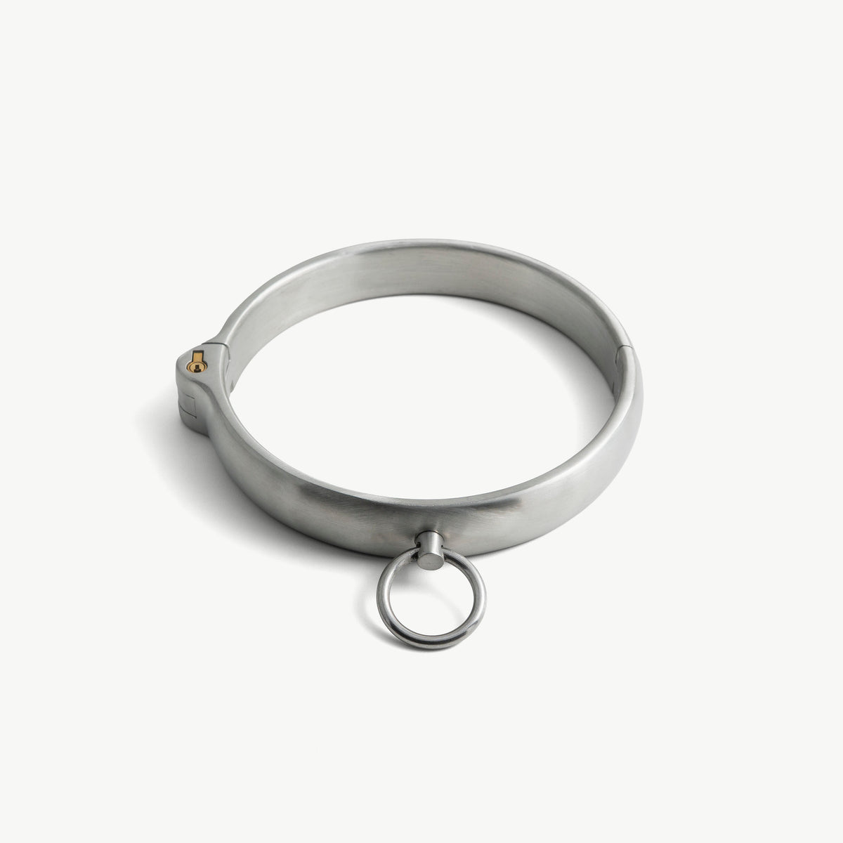 Age of Bondage rounded collar in brushed stainless steel with push-in lock and front O-ring