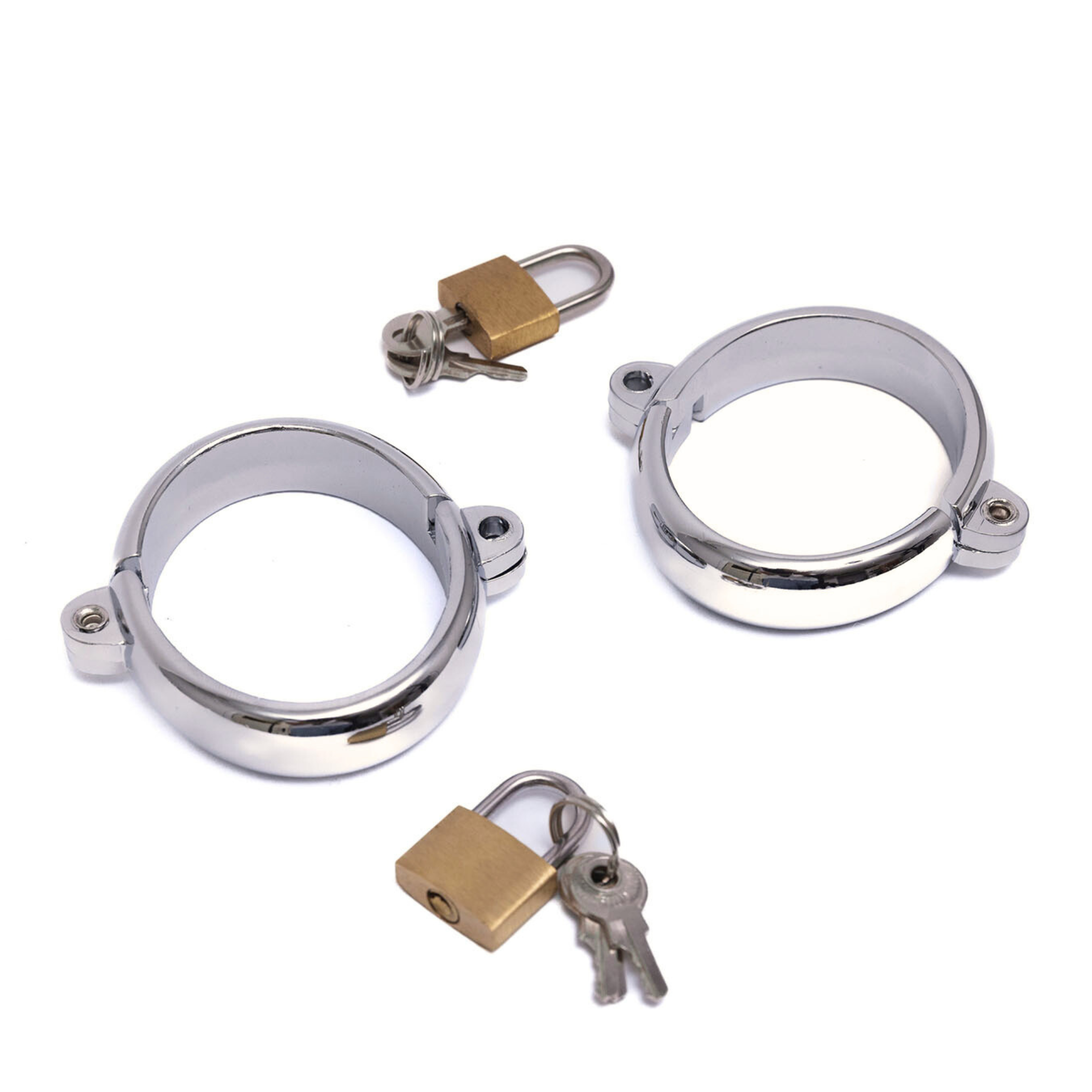 Polished steel light wrist cuffs with brass padlock from the set