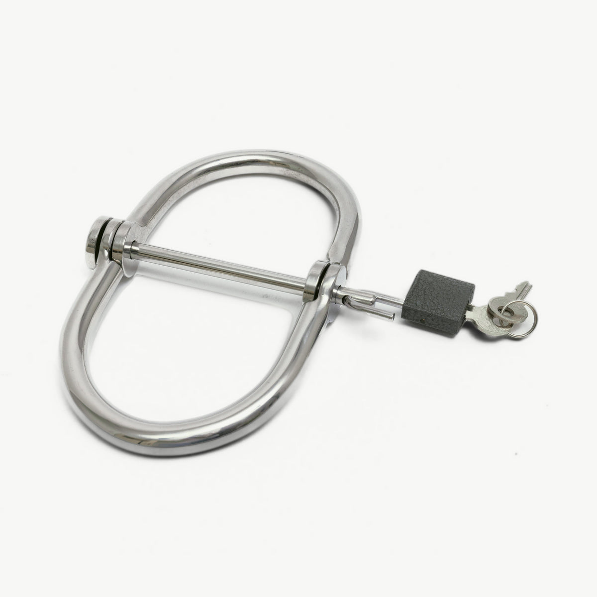 Foldable chrome handcuffs with padlock, angled view