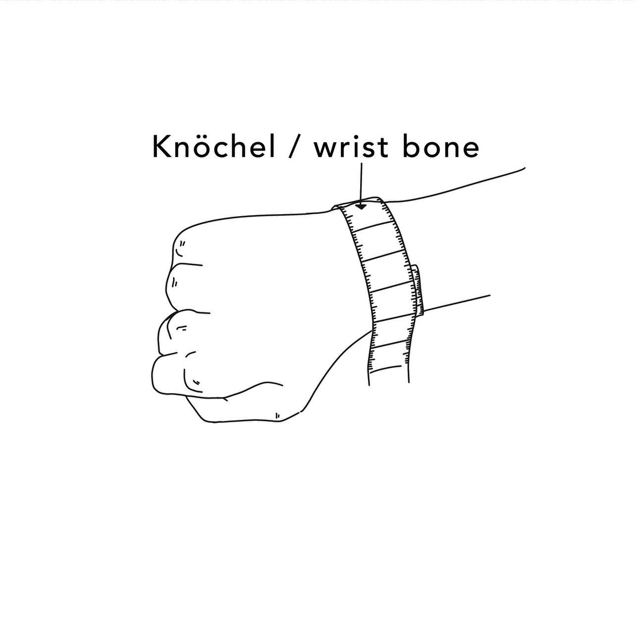 Line drawing showing how to measure your wrist at the wrist bone for the right size