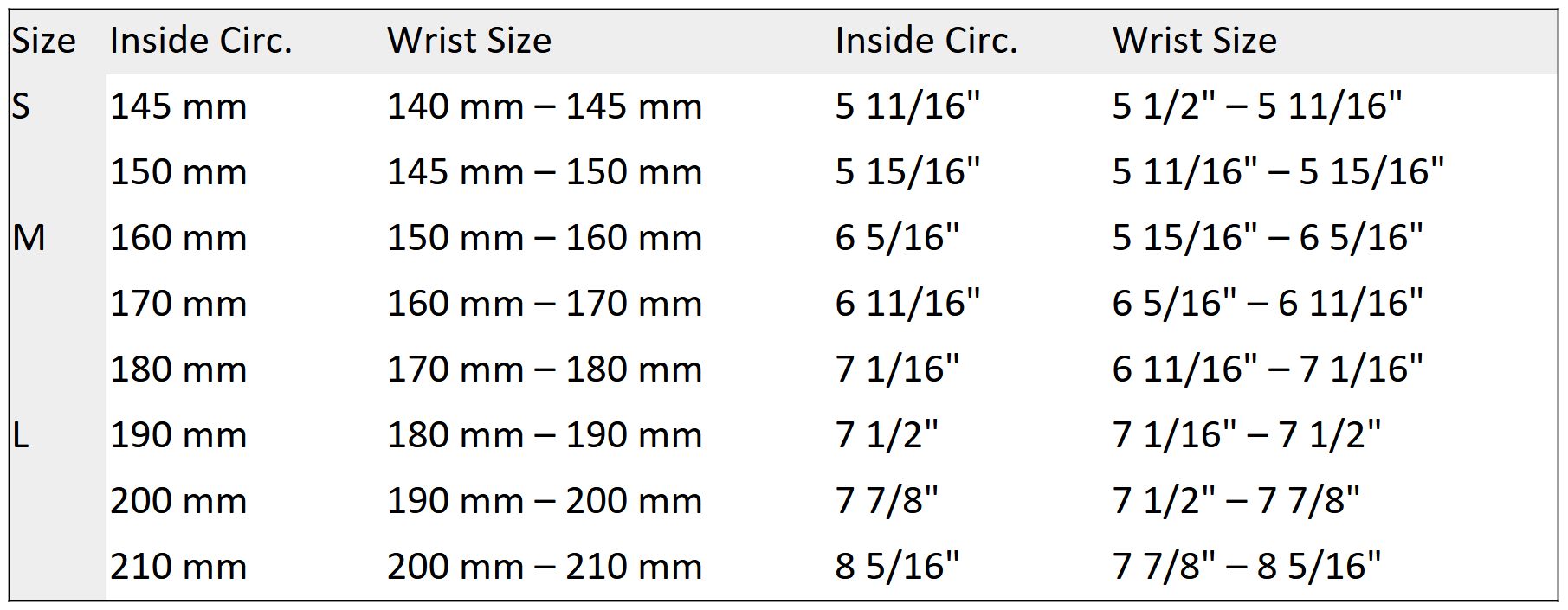 Wrist size chart mapping S, M and L to inside circumference in millimetres and inches
